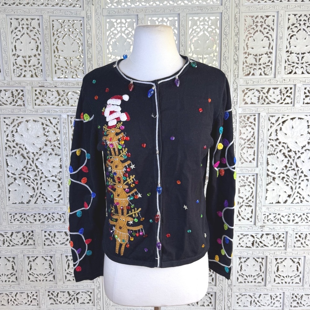 Vtg Christina Rotelli Christmas Holiday Cardigan Womens Medium Granny Santa